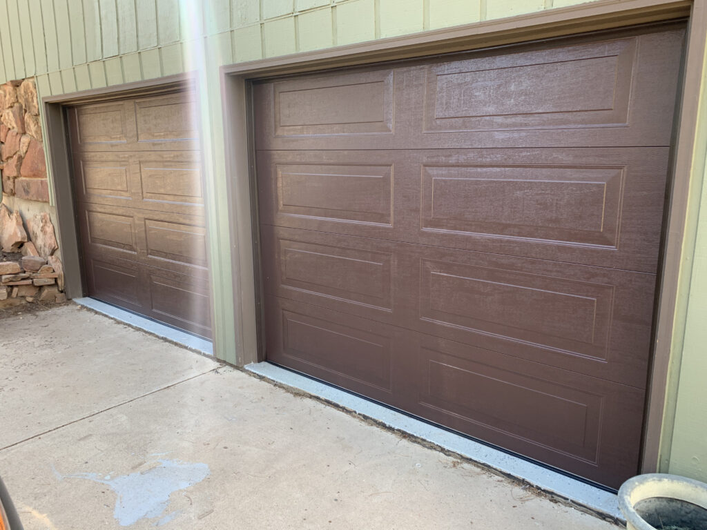 brown long panel traditional garage door